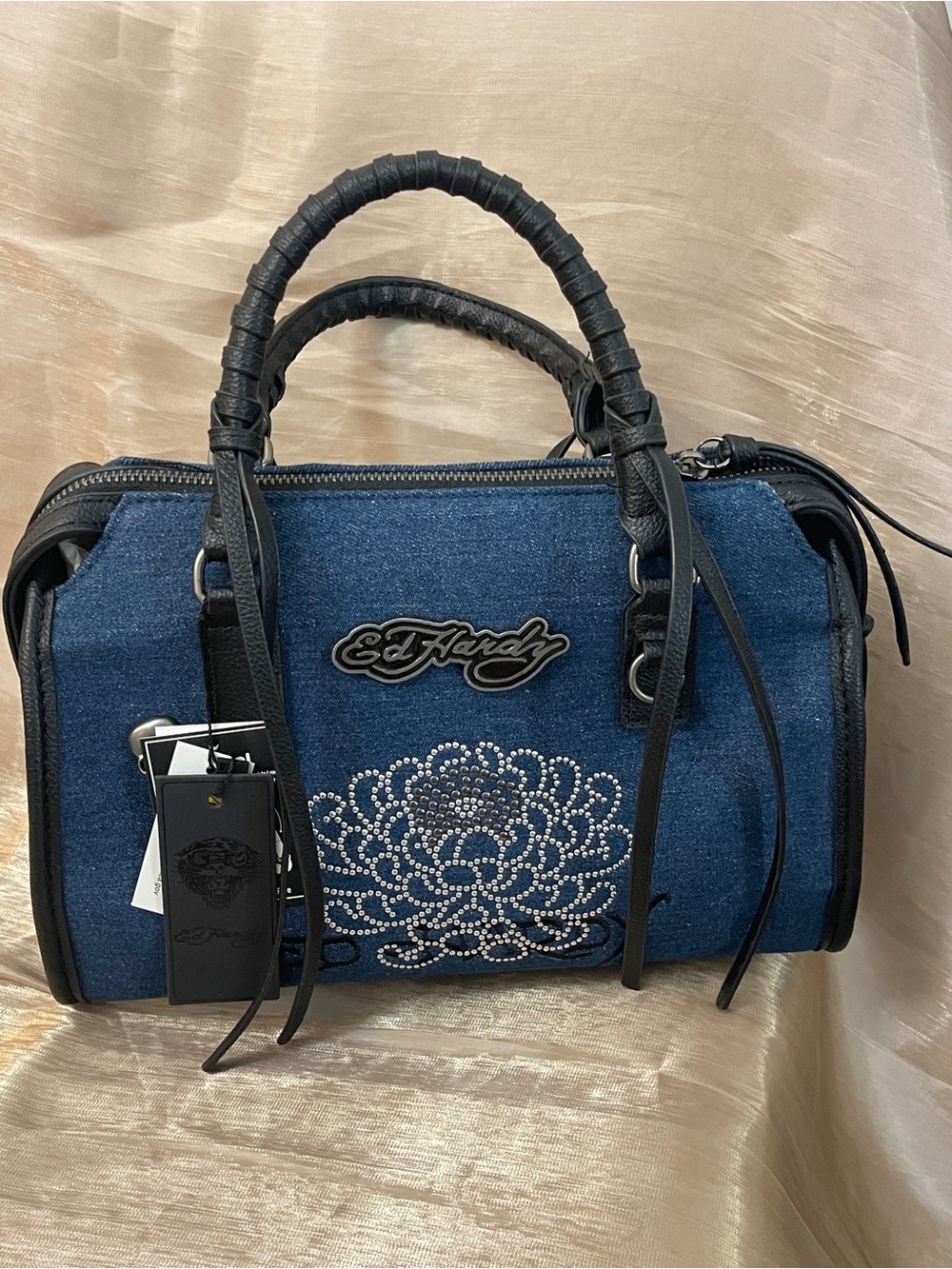 NWT Ed Hardy Blue Denim Rhinestone Skull Barrel Satchel Bag